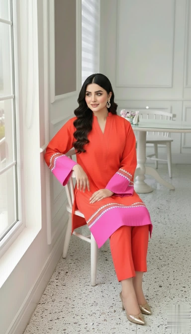 NISWA STYLE Elegant Cotton Contrast Suit – Two - Tone Long Shirt With Matching Trouser, Trendy Contrast Hem Shirt And Trouser.