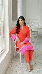 NISWA STYLE Elegant Cotton Contrast Suit – Two - Tone Long Shirt With Matching Trouser, Trendy Contrast Hem Shirt And Trouser.