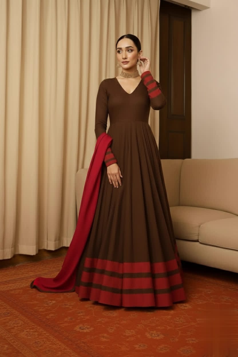 Peach & Red Anarkali Set For Women – Full Flare Long Gown With Contrast Border & Matching Dupatta - Elegant Traditional Outfit With Different Shades.