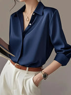 Elegant Long Sleeve Blouse, Classic Solid Color Button-Up Shirt With Lapel Collar, Office And Casual Wear