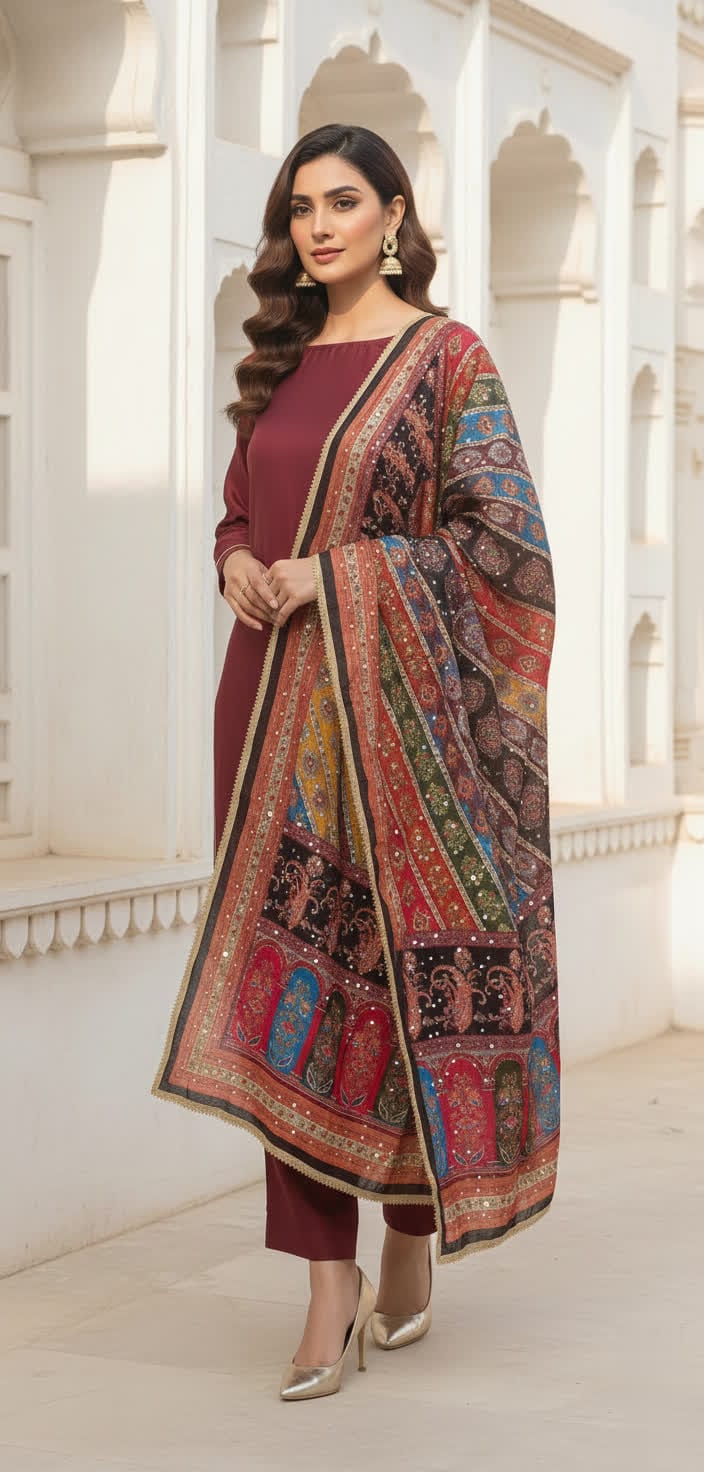 Colourful Ethnic Suit Set With Spectacular Embellished Mirrored Dupatta