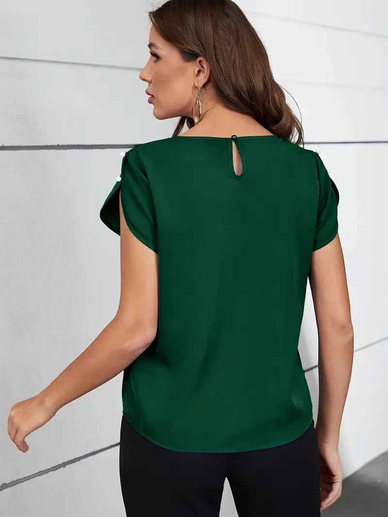 Elegant Pleated Collar Pearl Blouse, Short Sleeve With Round Neck And Button-Up Front, Lightweight Top
