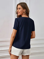 Women’s Faux Button Blouse, Elegant V-Neck Top, Lightweight Smooth Texture Fabric