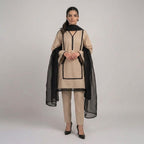 Beige Straight Kurta With Black Zig-Zag Lace