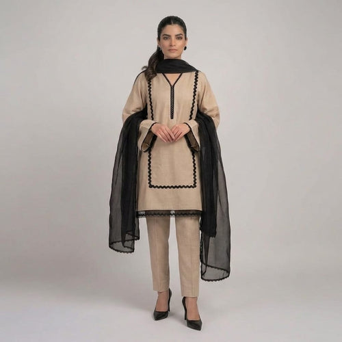 Beige Straight Kurta With Black Zig-Zag Lace