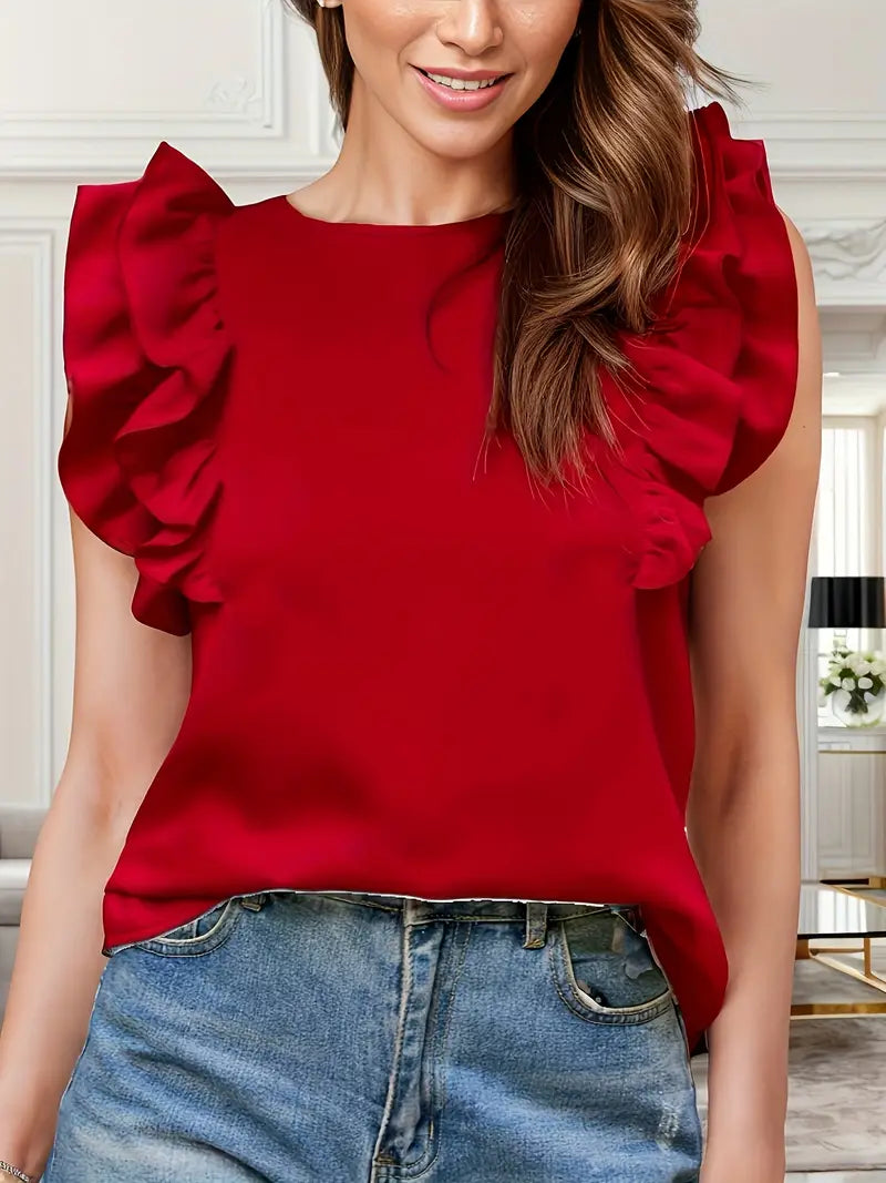 Elegant Ruffle Trim Blouse, Sleeveless Crew Neck Top, Non-Stretch Fabric, Casual & Dressy Outfit