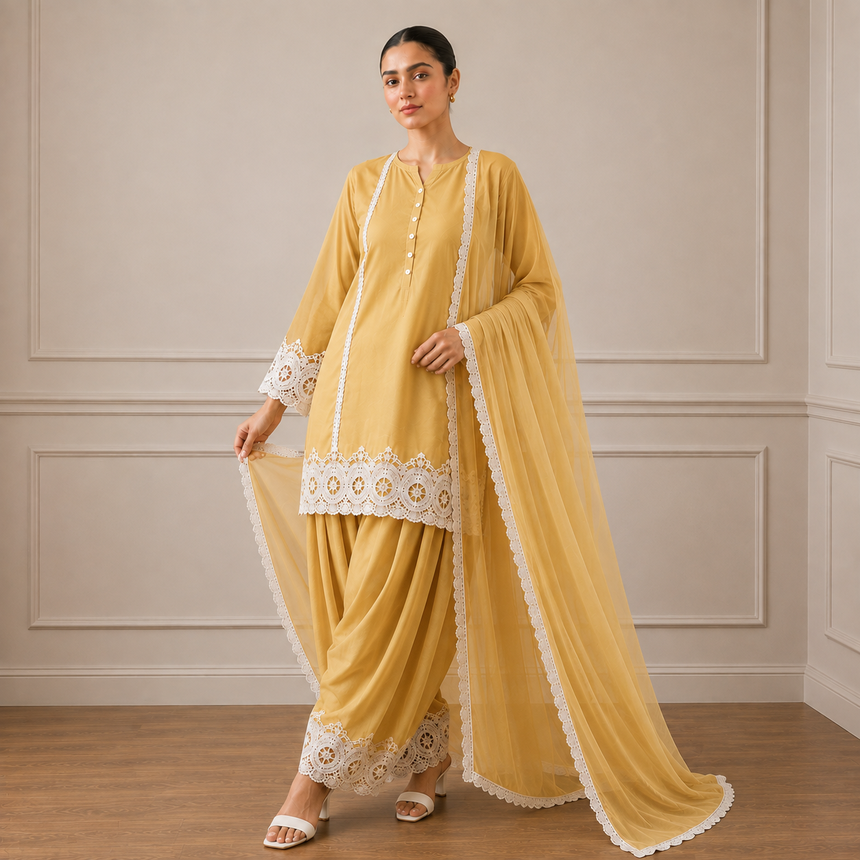Red Luxury Pret Farshi Salwar Suit With White Lace Detailing