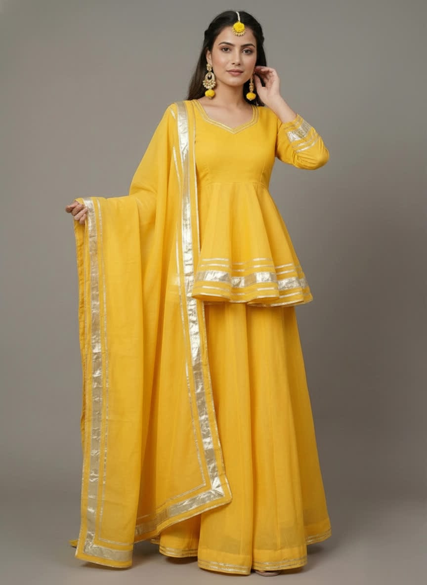 Yellow Flared Short Shirt Lehenga Dress, Stylish 3-Piece Ethnic Set With Embellished Dupatta With Decorative Silver Border