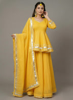 Yellow Flared Short Shirt Lehenga Dress, Stylish 3-Piece Ethnic Set With Embellished Dupatta With Decorative Silver Border
