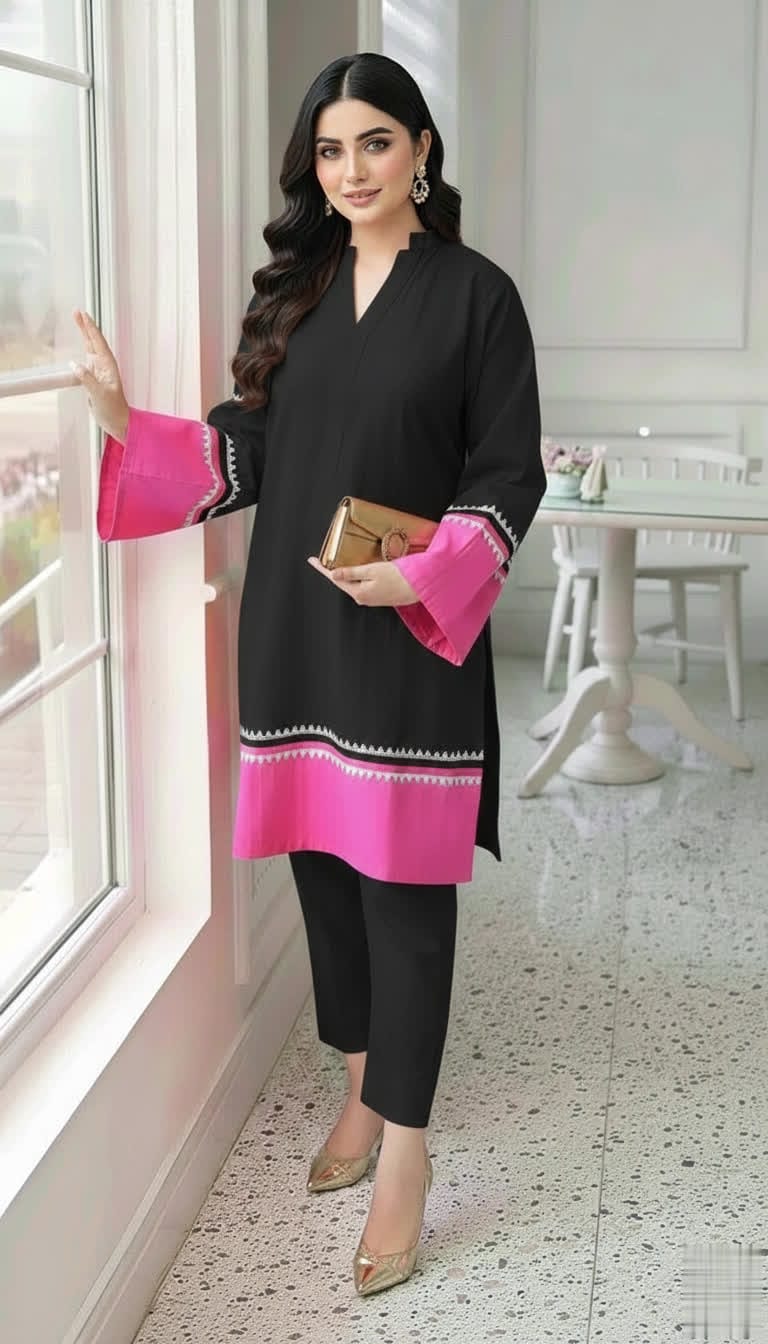 NISWA STYLE Elegant Cotton Contrast Suit – Two - Tone Long Shirt With Matching Trouser, Trendy Contrast Hem Shirt And Trouser.