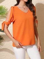 V-Neck Blouse, Bow Detail Top With Ruffle Sleeves And Split Hem, Feminine Lightweight Casual Wear