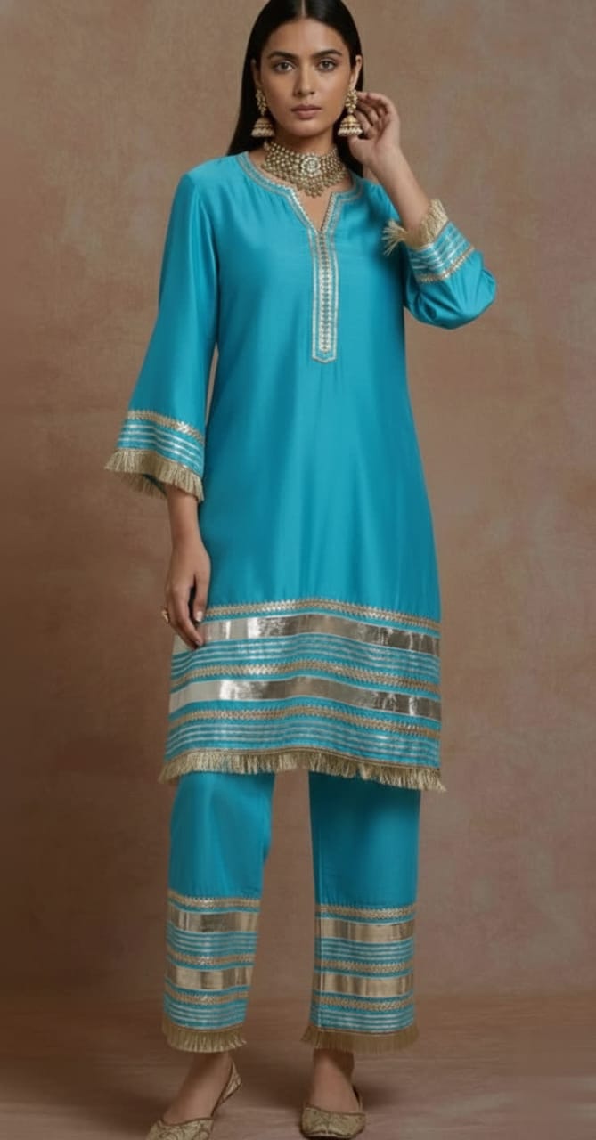 Elegant Red Chanderi Kurta – Traditional Straight-Cut Suit With Gold Gota Work, Lace Border, Flared Sleeves & Lined Finish