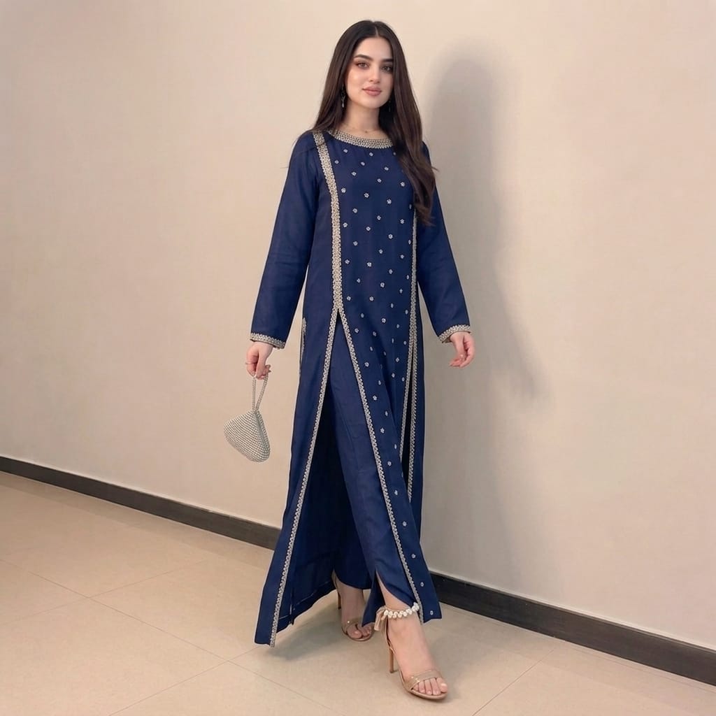 Luxury Silk Suit With Embroidered Lace
