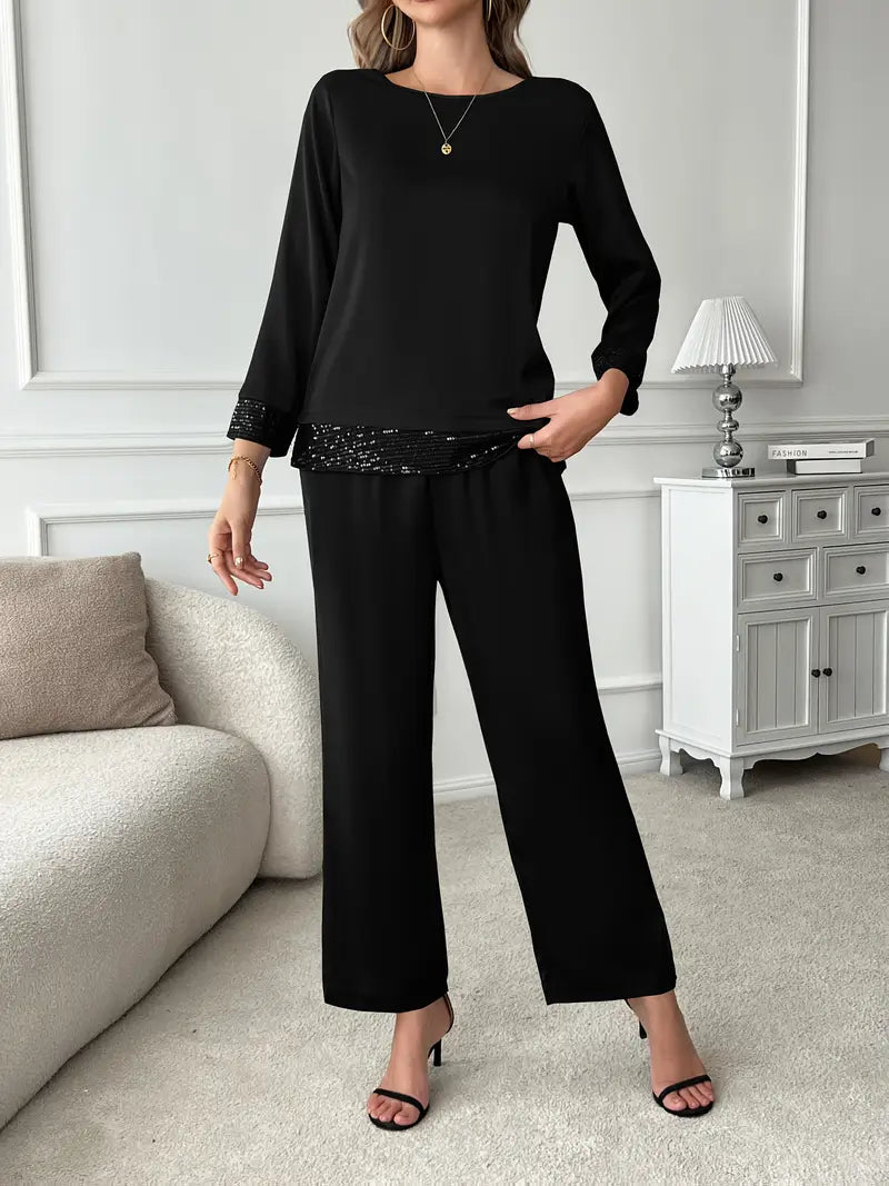 Elegant Two-Piece Set – Long Sleeve Lace Stitching Top & Matching Pants |Stylish, Comfortable and Classy Fashion Set
