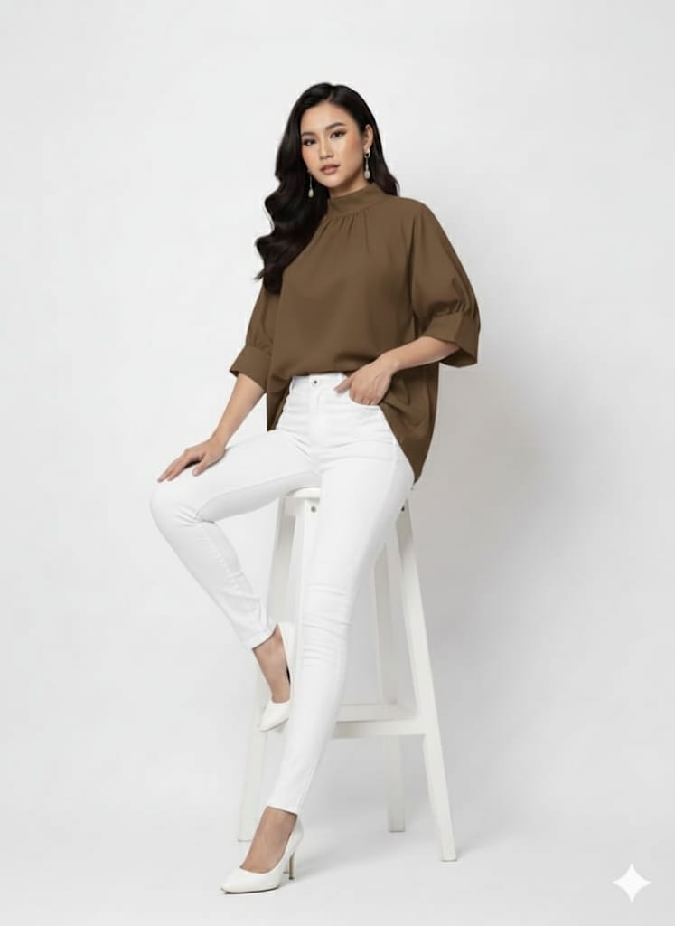 NISWA STYLE Casual Turtleneck Tunic Top – Half Sleeve  Non-Stretch Woven Fabric, High Neck Loose Fit Shirt For Women