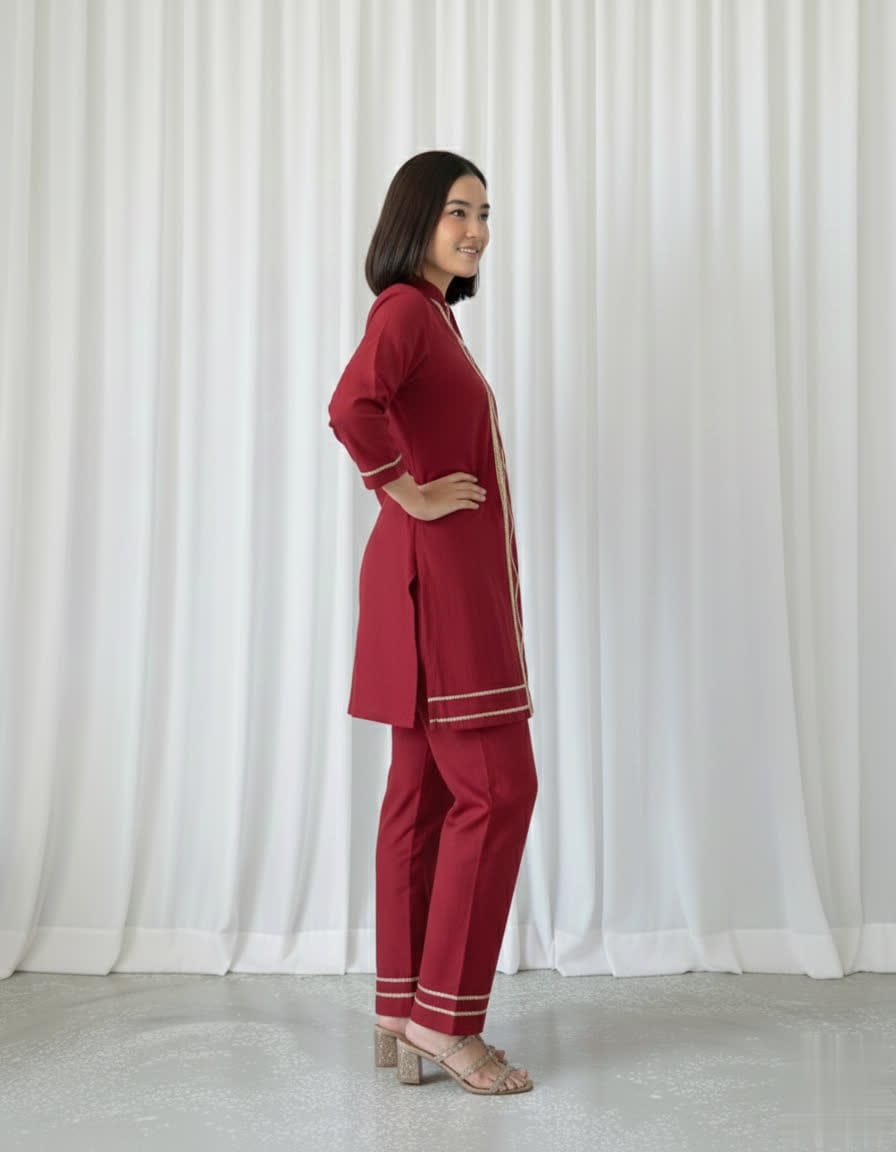 Cotton Slub Kurti Palazzo Set – Soft Co-Ord With Elegant Lace Detailing - Comfortable Daily Wear Kurta & Palazzo For Women