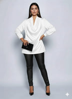 Women’s V-Neck Long Sleeve Blouse - Elegant Pleated Top, Loose Fit Shirt | Casual To Formal Wear | Versatile Fashion Blouse