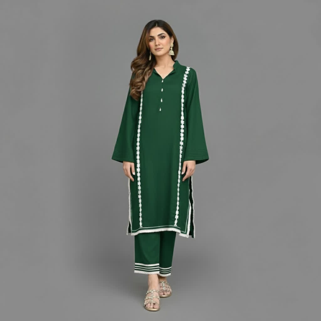 Modern Lace Kurta Co-ord Set, Stylish Long Kurta With Florals & Straight Pants With Stand Collar & Decorative Buttons.