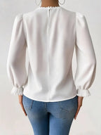 Elegant Lace Trim Blouse – Long Sleeve Round Neck Shirt, Sophisticated Workwear, Classic Feminine Top