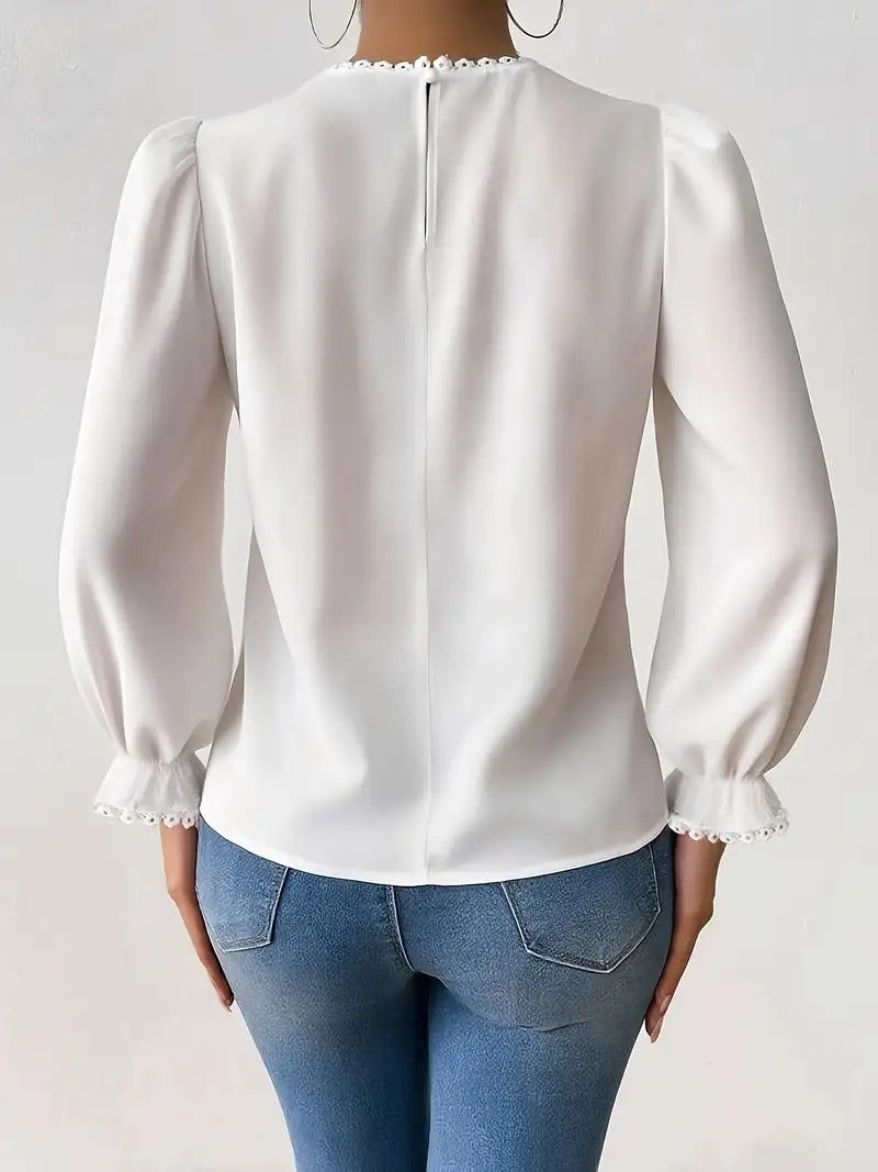 Elegant Lace Trim Blouse – Long Sleeve Round Neck Shirt, Sophisticated Workwear, Classic Feminine Top