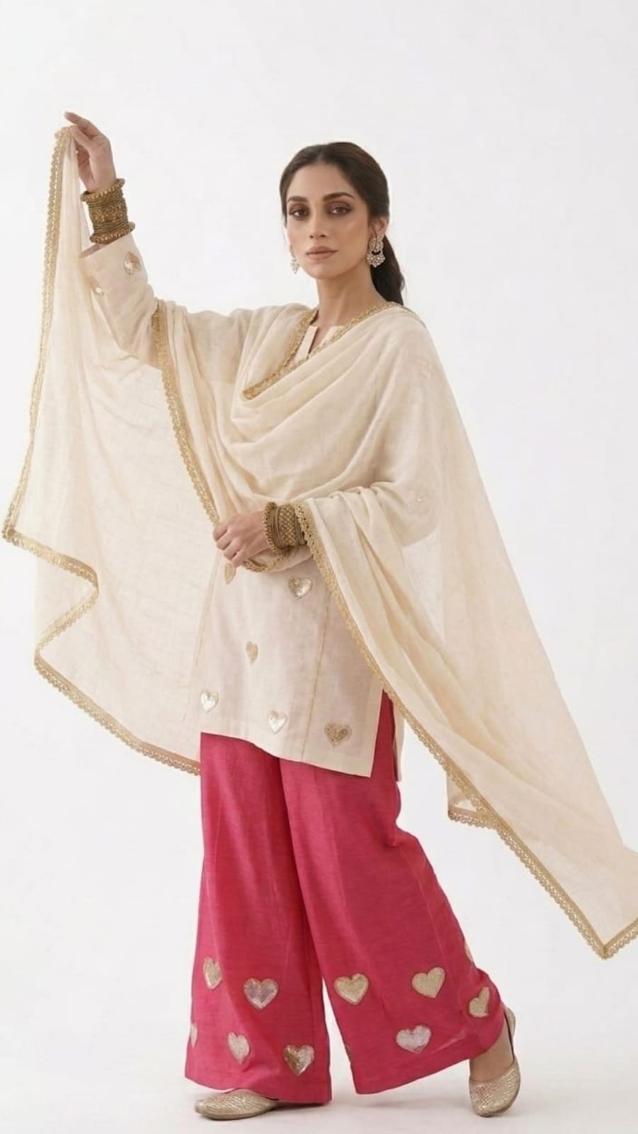 Elegant Ivory & Pink Cambric Lawn Suit