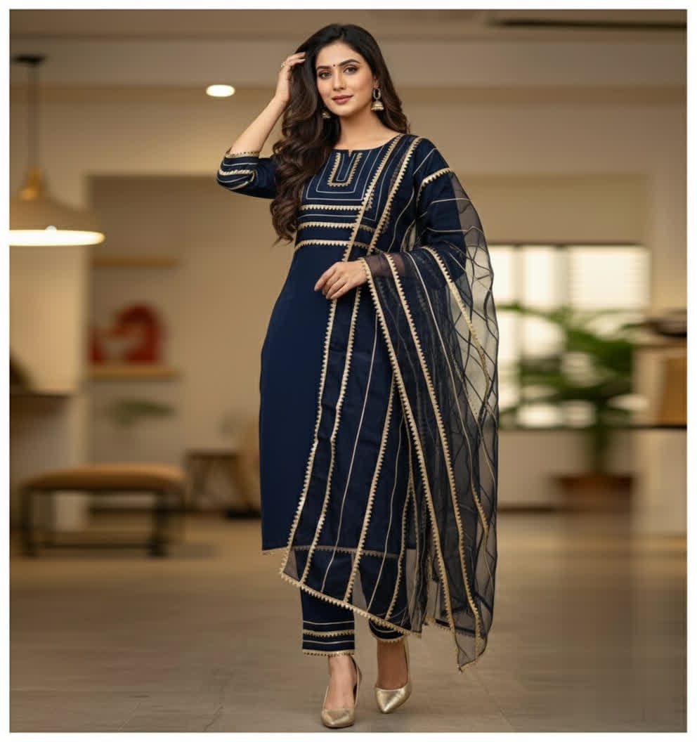 Asymmetrical Gota Patti Kurta Set – Light Gold Embroidered Bodice, Flounce Sleeves, Gold Trim Salwar Kameez With Sheer Gota Dupatta.