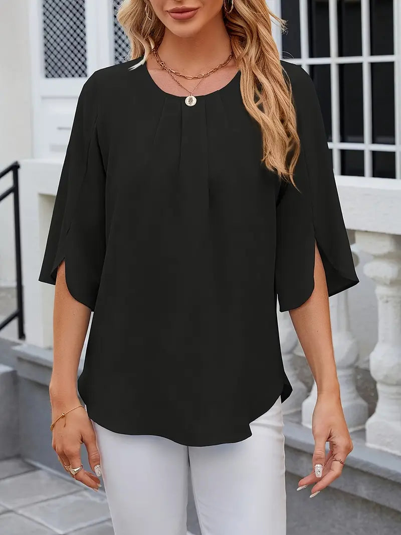 Elegant Puff Sleeve Blouse – Round Neck Button-Front Slit Hem, Short Jacket-Inspired Top For Casual And Office Wear