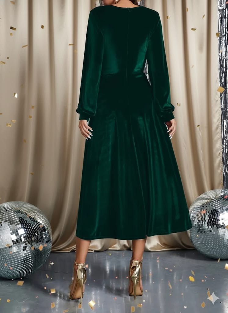 Women’s Green Elegant Fitted Dress – Long Sleeve A-Line Gown | Formal Evening & Party Wear | Round Neck | Elegant Outfit