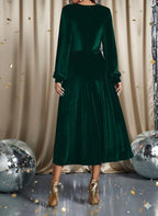 Women’s Green Elegant Fitted Dress – Long Sleeve A-Line Gown | Formal Evening & Party Wear | Round Neck | Elegant Outfit