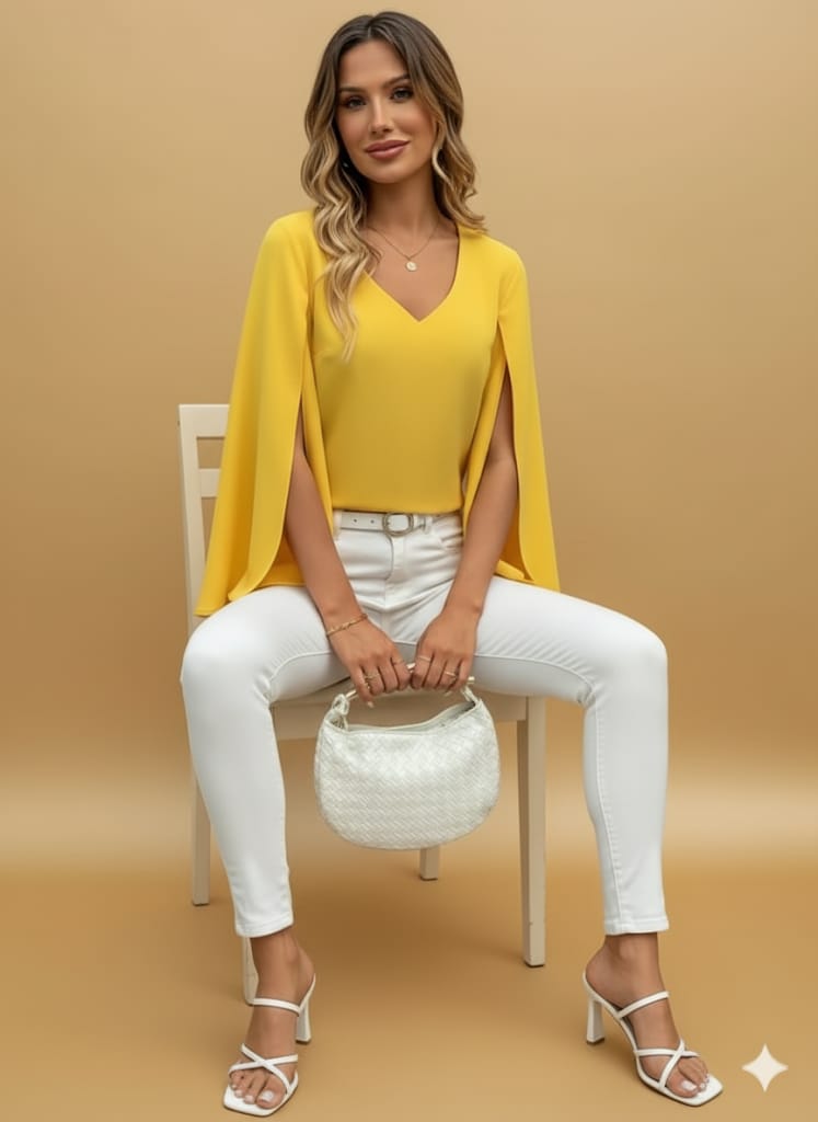 Elegant V-Neck Blouse, Vibrant Yellow Long Sleeve Top, Lightweight, Shirt For Casual & Formal Fashion
