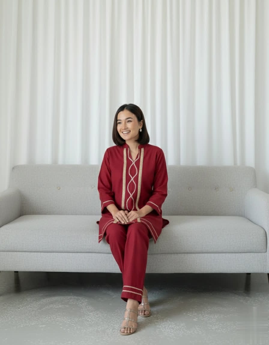 Cotton Slub Kurti Palazzo Set – Soft Co-Ord With Elegant Lace Detailing - Comfortable Daily Wear Kurta & Palazzo For Women