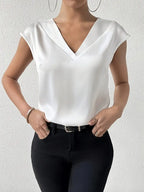 Elegant V-Neck Drop Shoulder Short Sleeve Blouse, Lightweight Breathable Fabric, Casual And Formal Top
