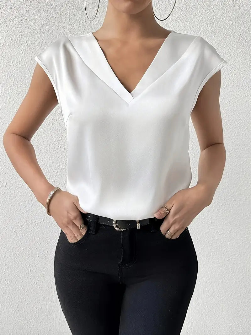 Elegant V-Neck Drop Shoulder Short Sleeve Blouse, Lightweight Breathable Fabric, Casual And Formal Top