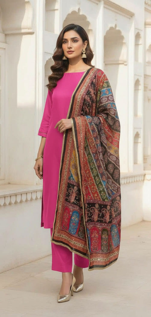 Colourful Ethnic Suit Set With Spectacular Embellished Mirrored Dupatta