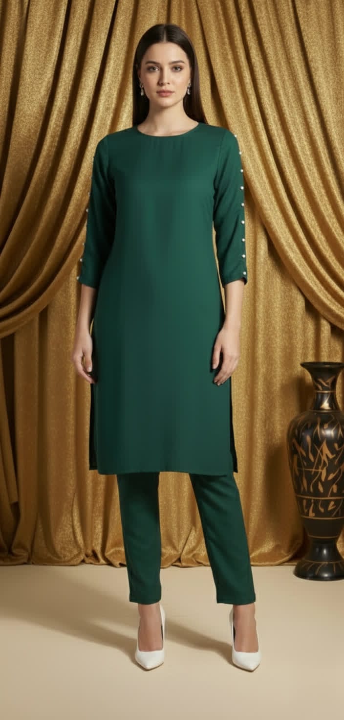 Sophisticated Pearl Detail Co-ord Set For Women, Elegant Shirt Pearl Work Top With Tailored Straight Pants.