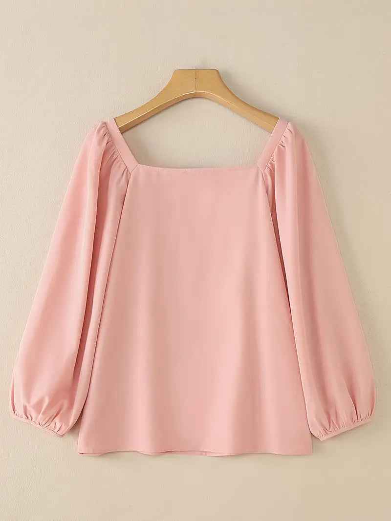 Elegant Long Sleeve Blouse, Square Neck Ruffled Tunic Shirt, Korean Style Chic, All-Season Rayon Top