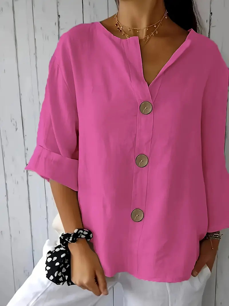 Classy Loose-Fit Blouse, Round Neck Short Sleeve Top With Decorative Button Details, Relaxed Fit, Everyday & Leisure Outfits