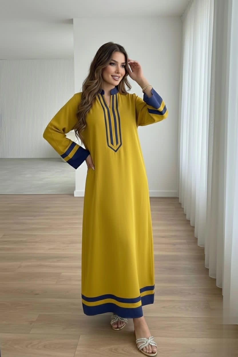 Neon Green Contemporary Long Dress For Women – Elegant Blue Border Detail, Flowing Sleeves & Modern Modest Wear