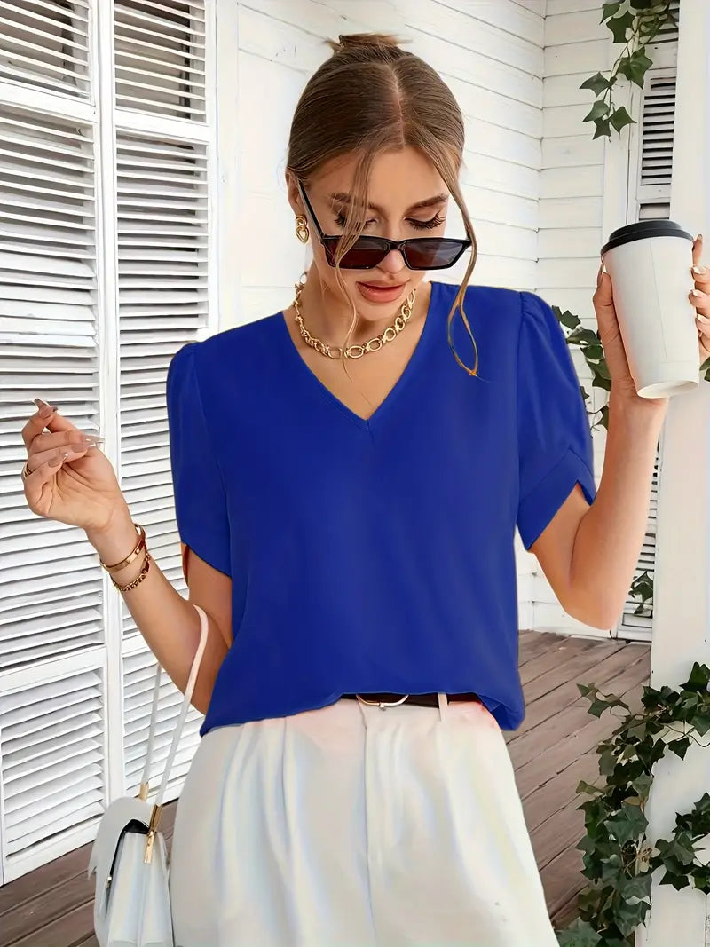 Elegant V-Neck Blouse, Non-See-Through Smooth Fabric, Casual And Office Shirt, Wardrobe Essential