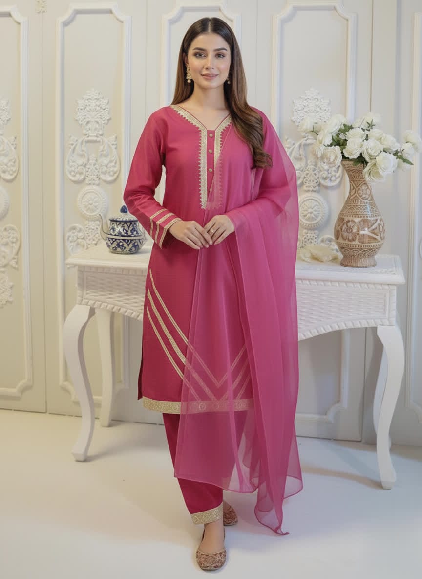 Elegant Pink Straight Salwar Kameez Set With Golden Lace & Chiffon Dupatta – Elegant Festive Ethnic Wear For Women.