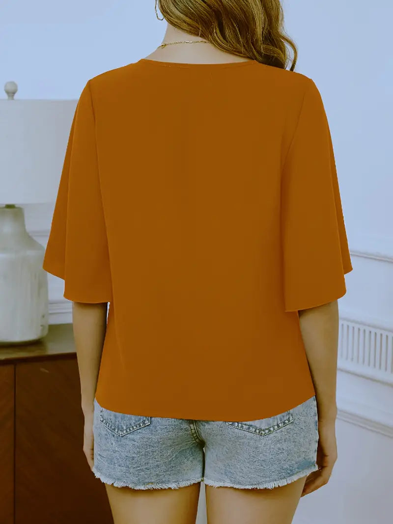 Elegant Blouse –  V-Neck Top With Bell Sleeves And Decorative Buttons For Casual Or Dressy Outfits