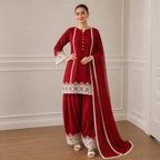 Red Luxury Pret Farshi Salwar Suit With White Lace Detailing