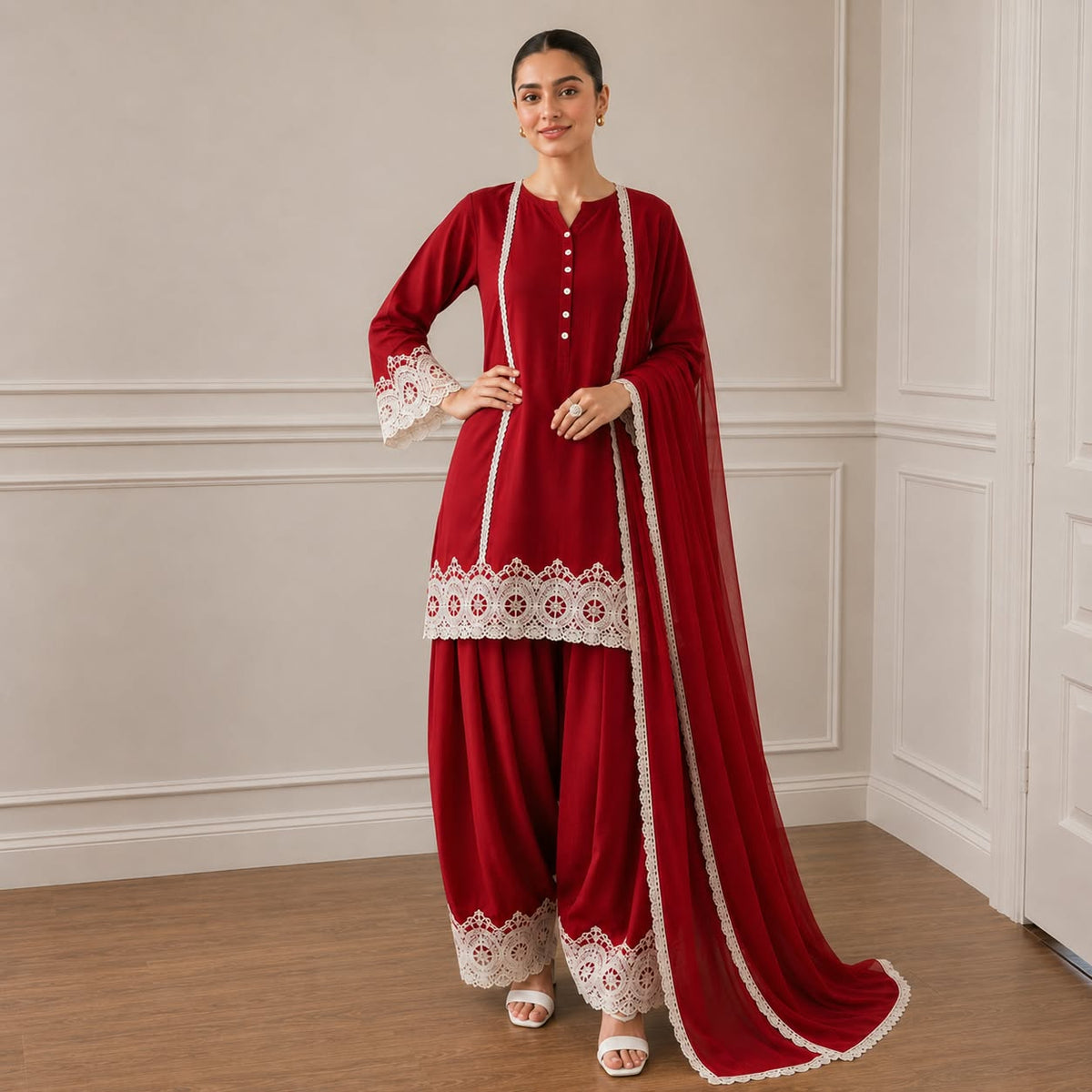 Red Luxury Pret Farshi Salwar Suit With White Lace Detailing