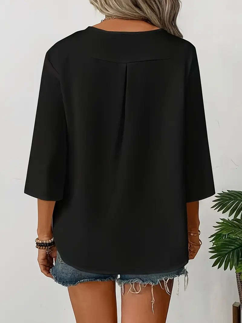 NISWA STYLE Elegant V-Neck Long Sleeve Blouse, Loose Fit Solid Color Button-Up Shirt With Faux Buttons, Lightweight Top For Casuall And Formal Wear