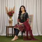 Classic Black Kurta Trouser Suit With Organza Lace Sleeves & Maroon Dupatta.