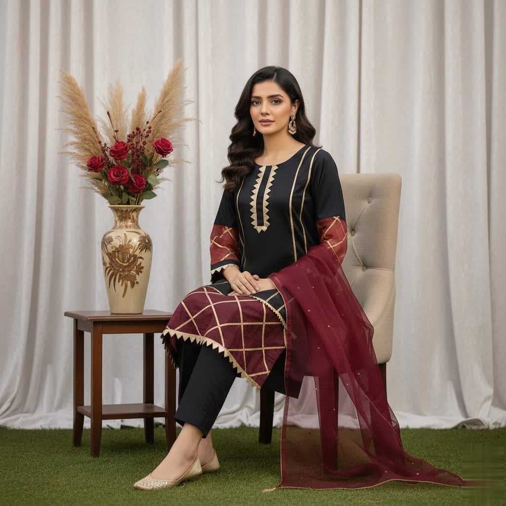 Classic Black Kurta Trouser Suit With Organza Lace Sleeves & Maroon Dupatta.