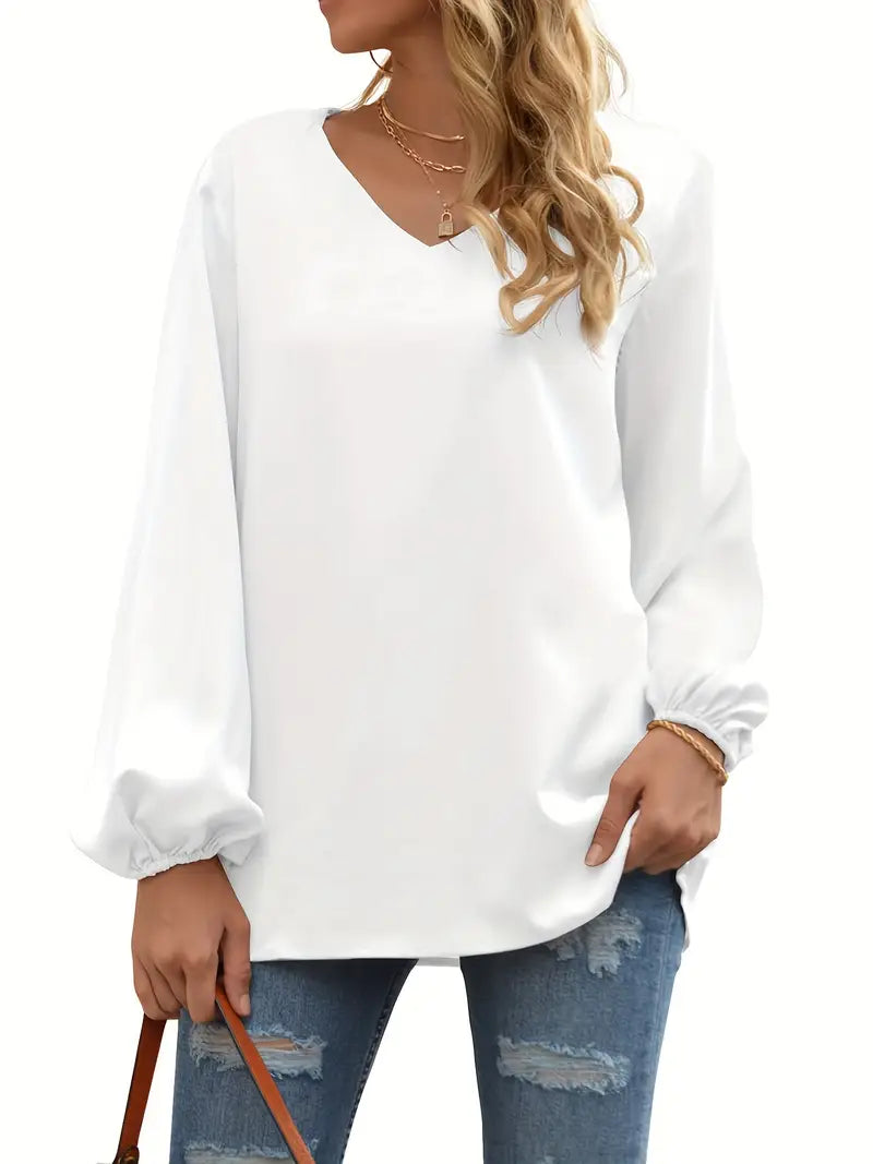 Casual V-Neck Long Sleeve Blouse, Lantern Sleeve Pullover Shirt, Lightweight Top For Seasonal Wear