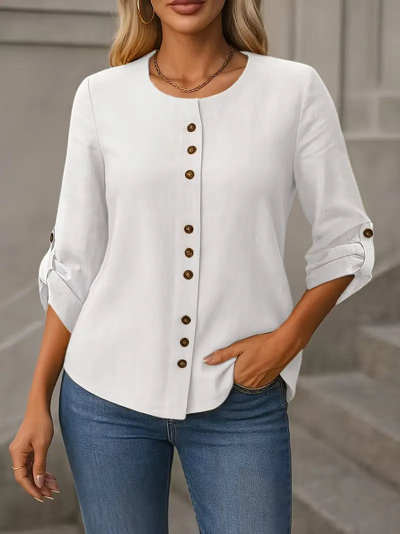 Fashionable Button-Up Shirt, Adjustable 3/4 Sleeve Button Professional And Casual Attire With Refined Design