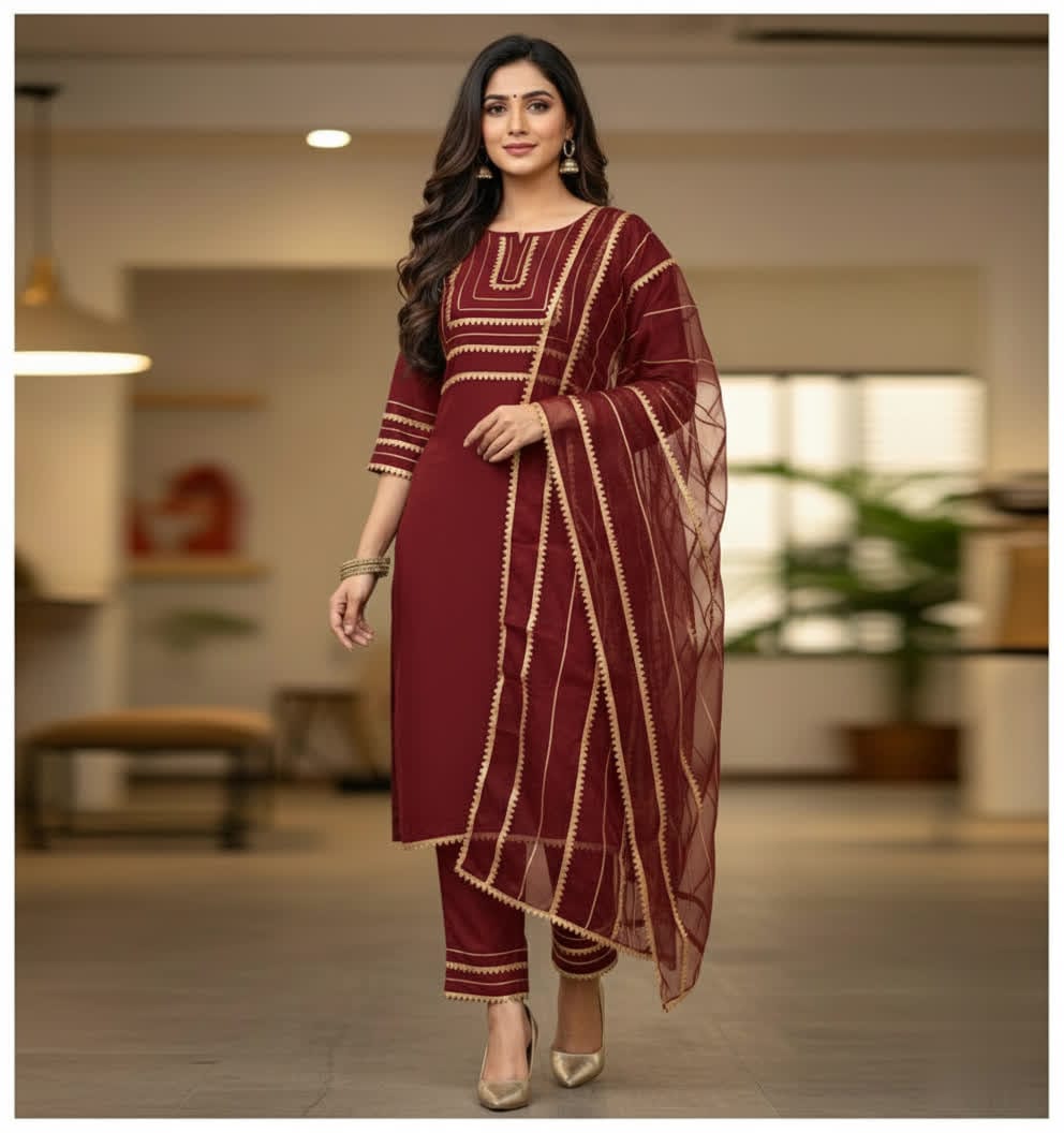 Asymmetrical Gota Patti Kurta Set – Light Gold Embroidered Bodice, Flounce Sleeves, Gold Trim Salwar Kameez With Sheer Gota Dupatta.