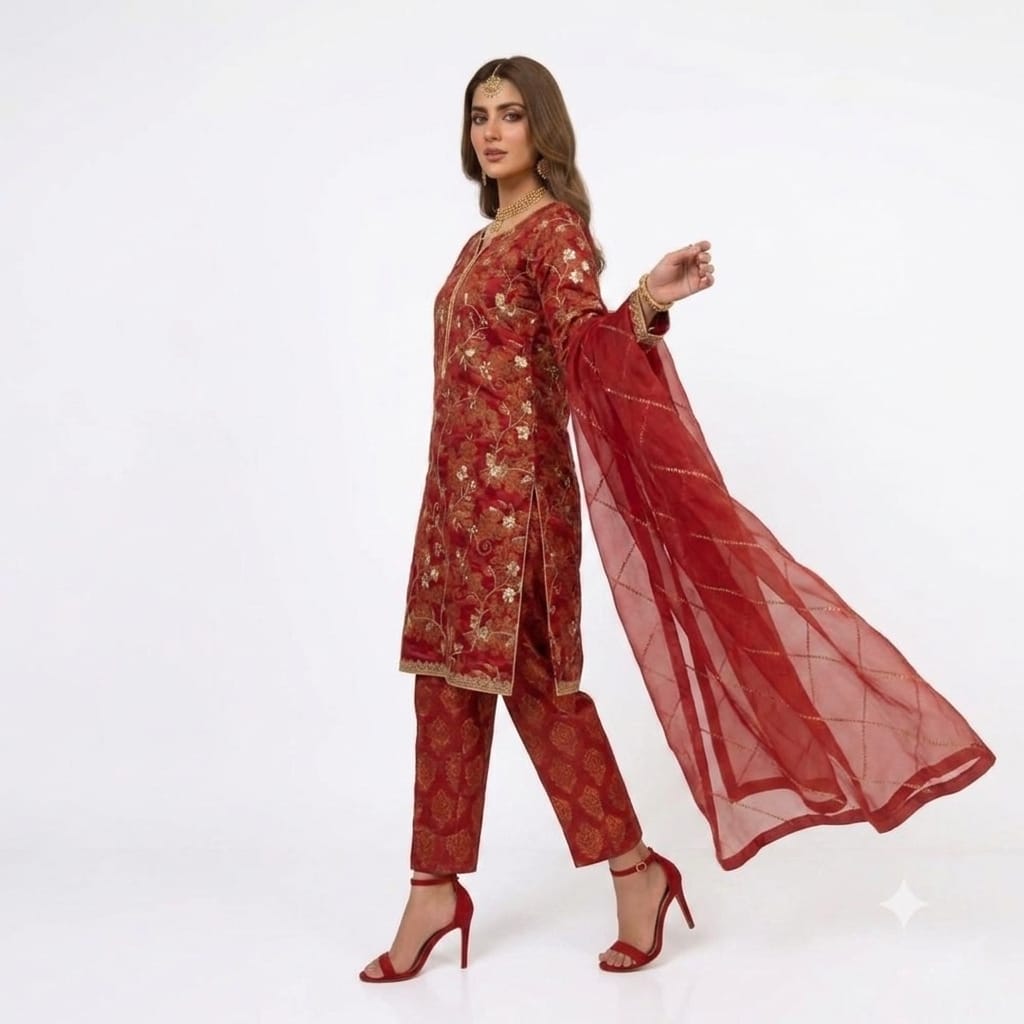 Red Luxury Festive Suit With Zari & Tilla Work